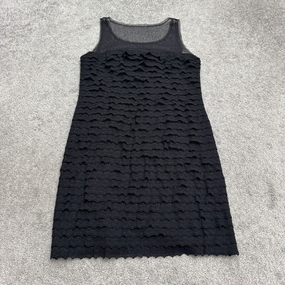 BCBGMAXAZRIA  Lace Tiered Ruffle Sheer Mesh Yoke Dress Women 6 Black Sleeveless